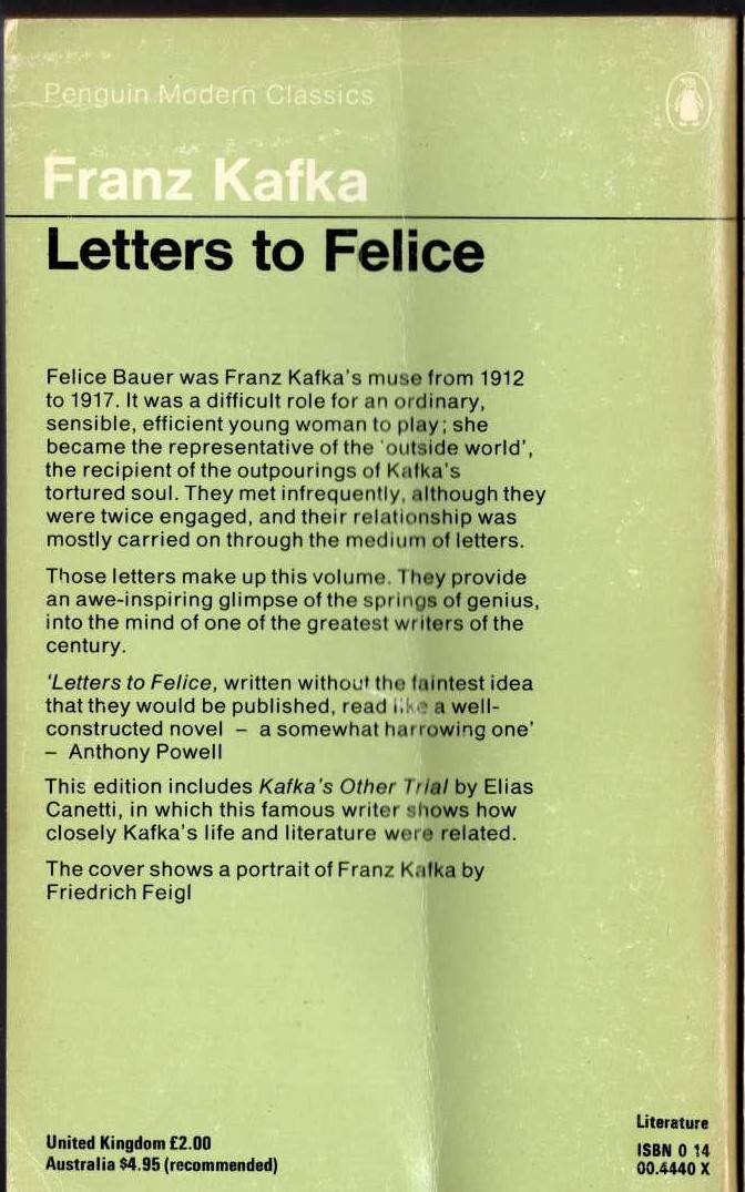 Franz Kafka  LETTERS TO FELICE magnified rear book cover image