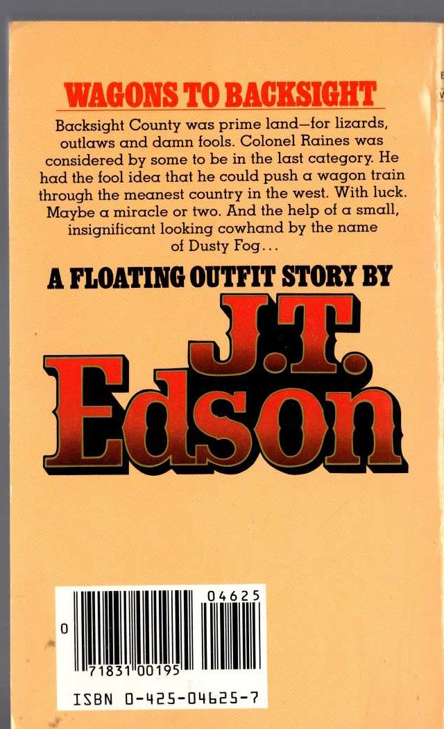 J.T. Edson  WAGONS TO BACKSIGHT magnified rear book cover image