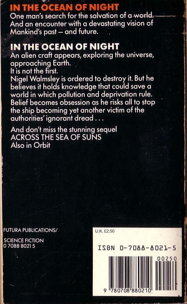Gregory Benford  IN THE OCEAN OF NIGHT magnified rear book cover image