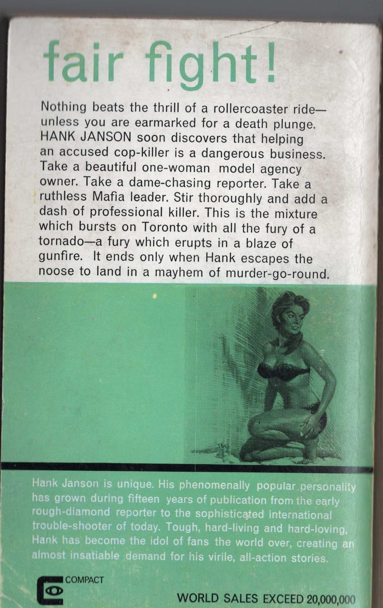 Hank Janson  MODEL IN MAYHEM magnified rear book cover image