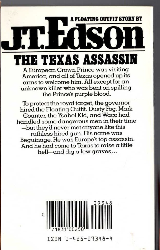 J.T. Edson  THE TEXAS ASSASSIN [U.K. title: BEGUINAGE] magnified rear book cover image