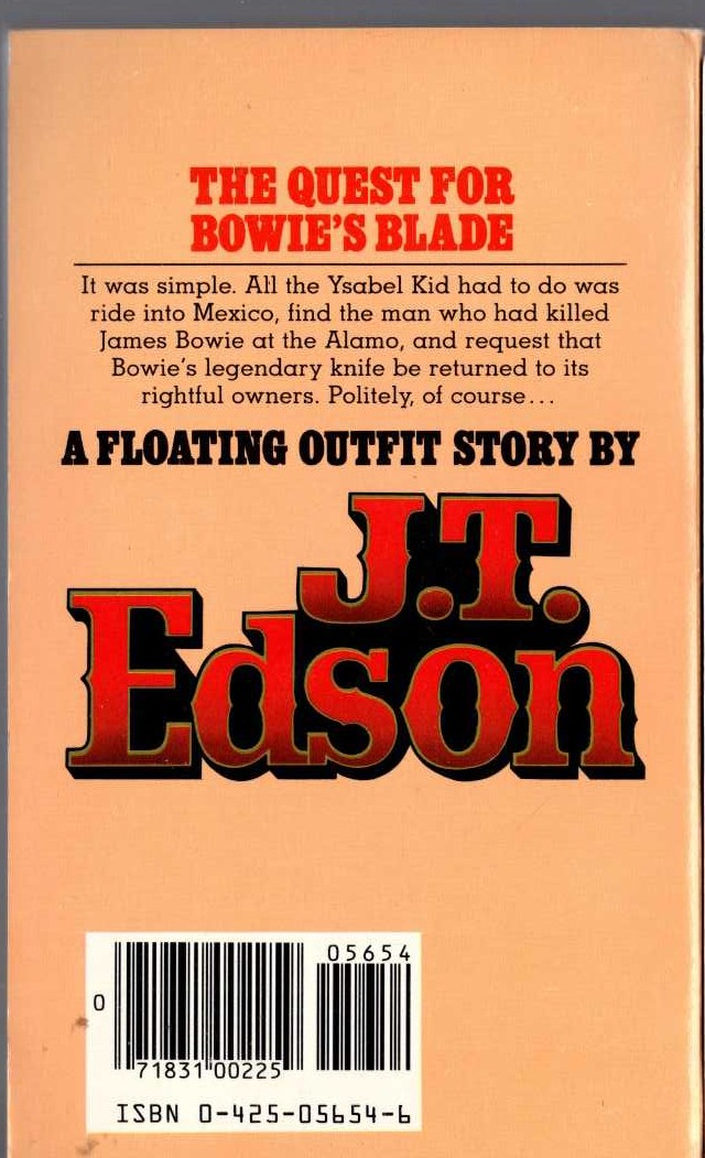 J.T. Edson  THE QUEST FOR BOWIE'S BLADE magnified rear book cover image