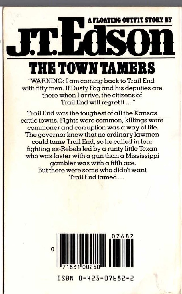 J.T. Edson  THE TOWN TAMERS magnified rear book cover image