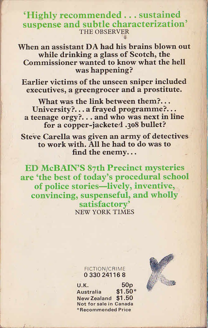 Ed McBain  TEN PLUS ONE magnified rear book cover image