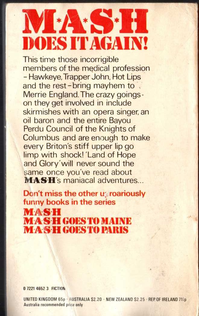 Richard Hooker  MASH GOES TO LONDON magnified rear book cover image