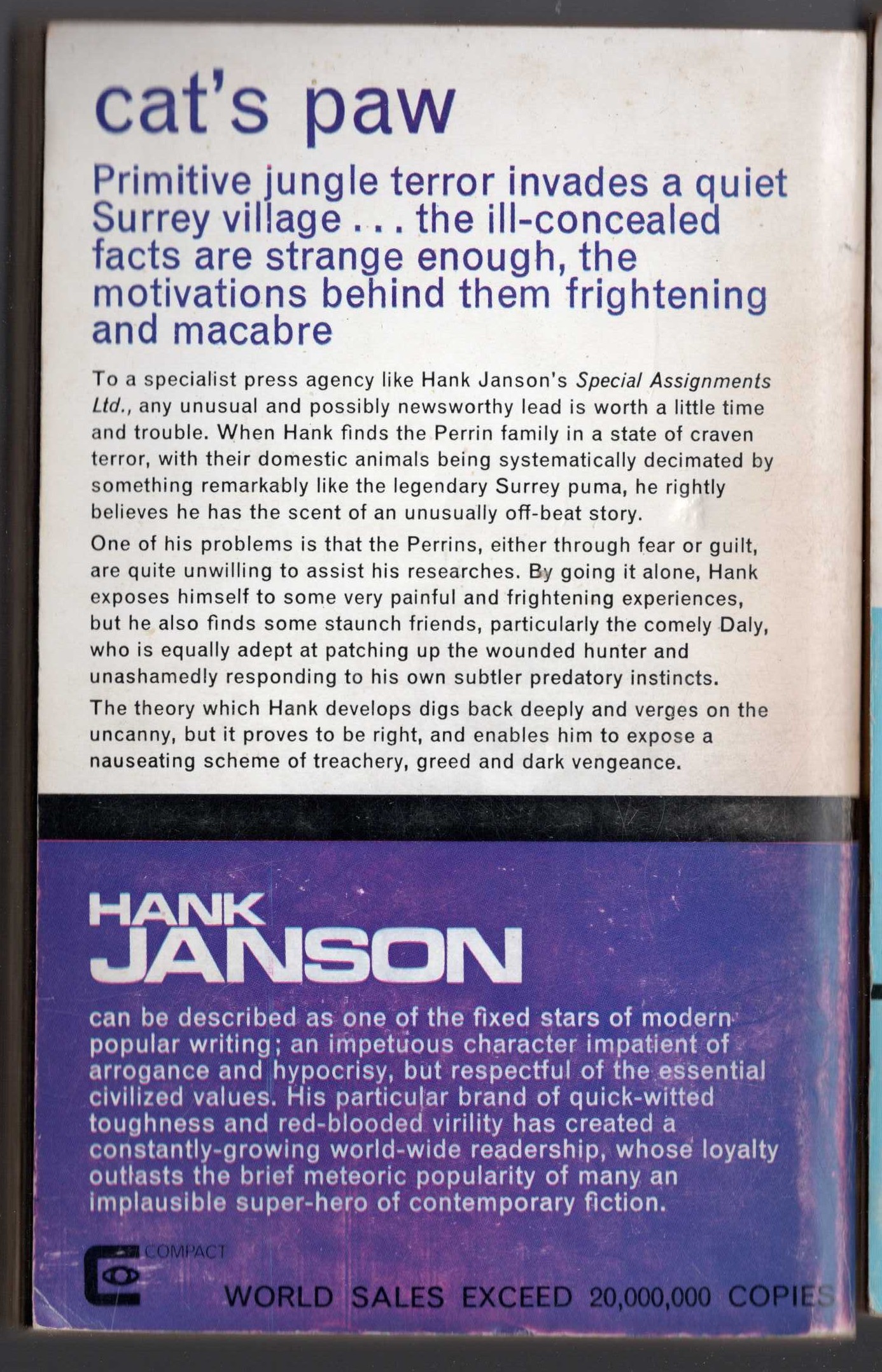 Hank Janson  CAT'S PAW magnified rear book cover image