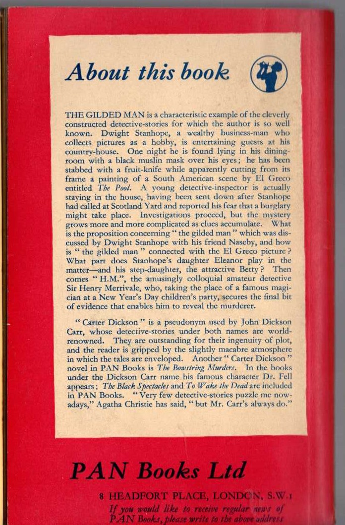 Carter Dickson  THE GILDED MAN magnified rear book cover image