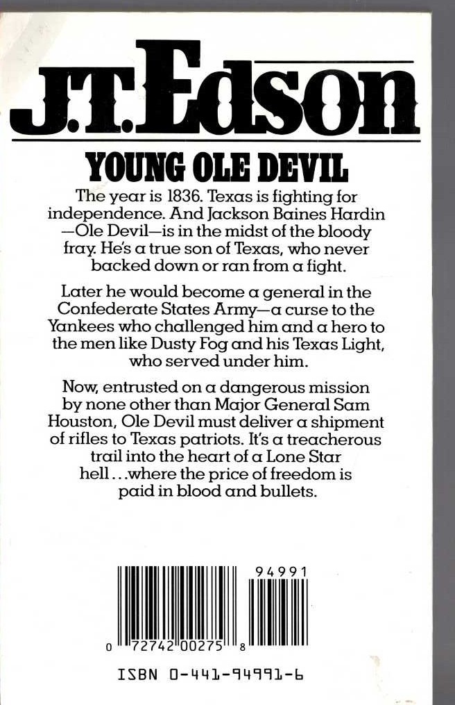 J.T. Edson  YOUNG OLE DEVIL magnified rear book cover image