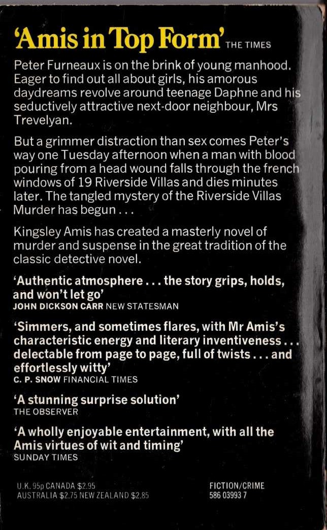 Kingsley Amis  THE RIVERSIDE VILLAS MURDER magnified rear book cover image