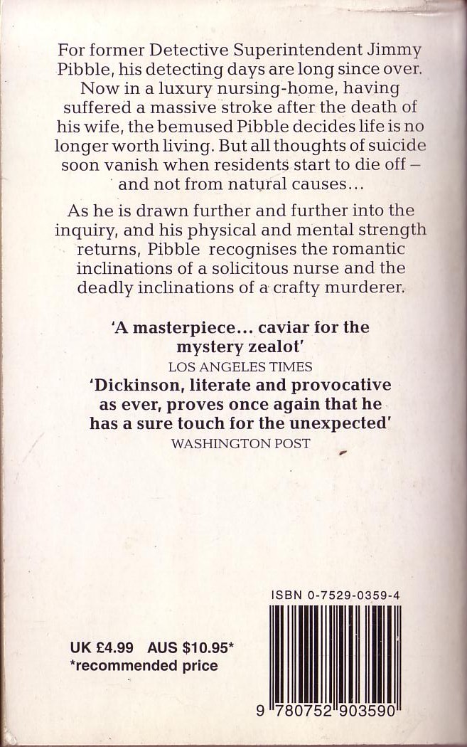 Peter Dickinson  ONE FOOT IN THE GRAVE magnified rear book cover image