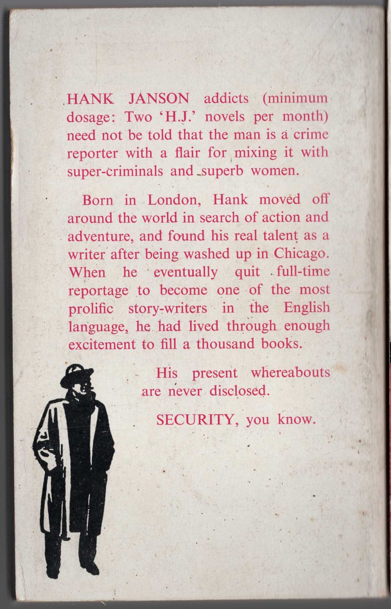 Hank Janson  COME QUICKLY, HONEY magnified rear book cover image