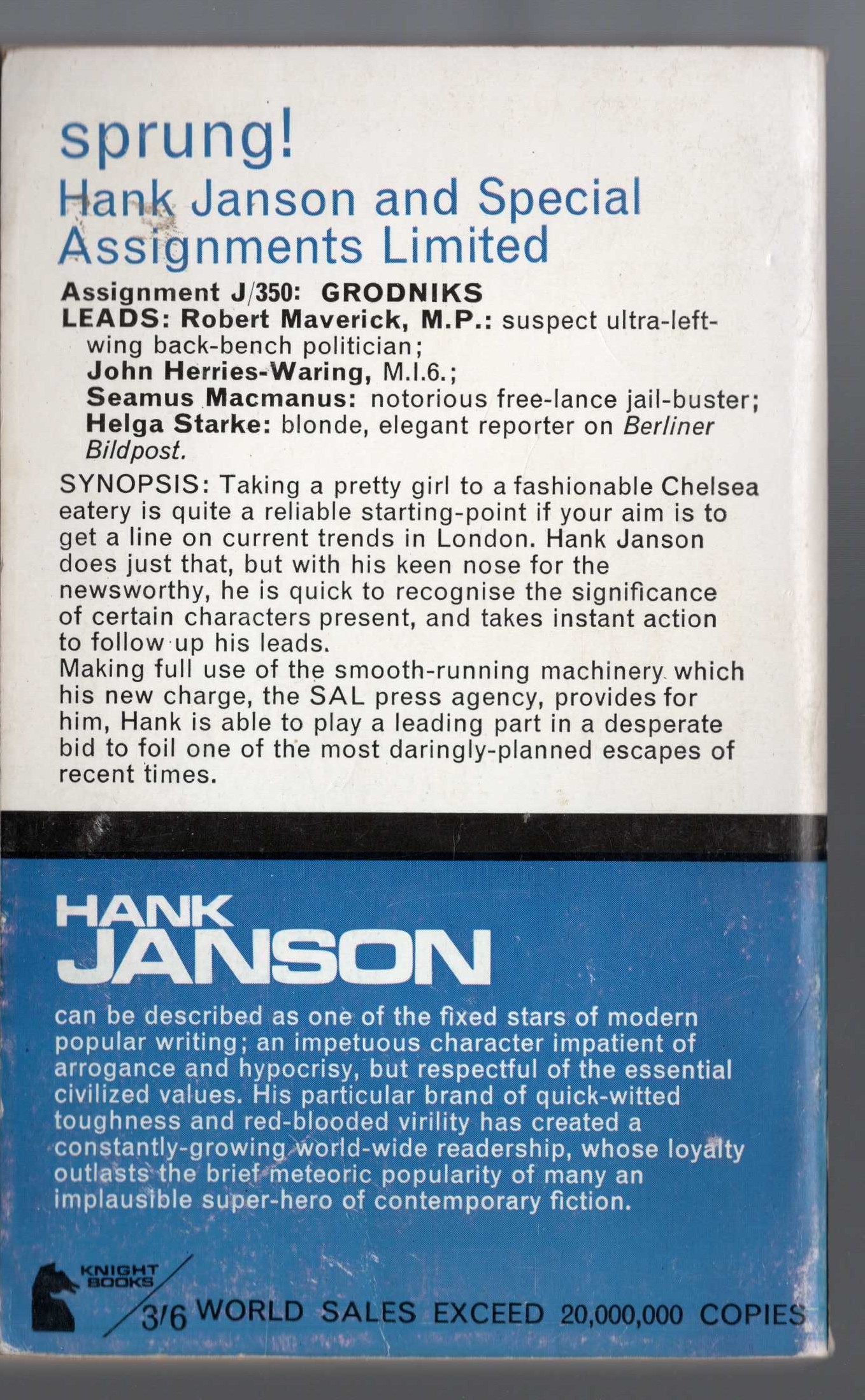 Hank Janson  SPRUNG! magnified rear book cover image