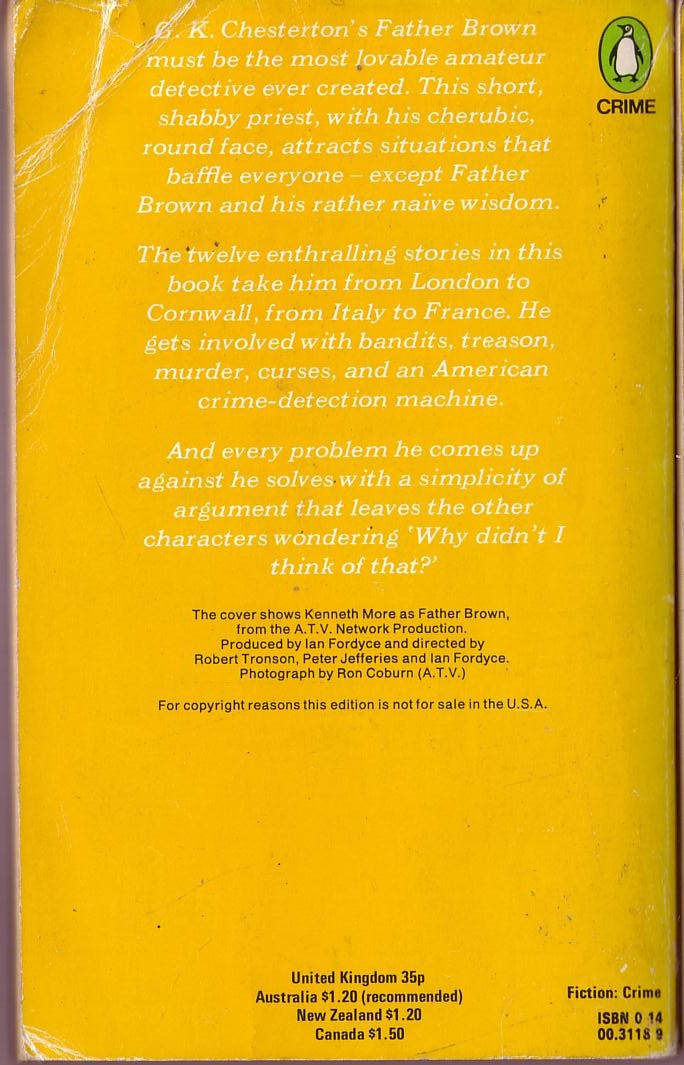 G.K. Chesterton  THE WISDOM OF FATHER BROWN (ATV: Kenneth More) magnified rear book cover image