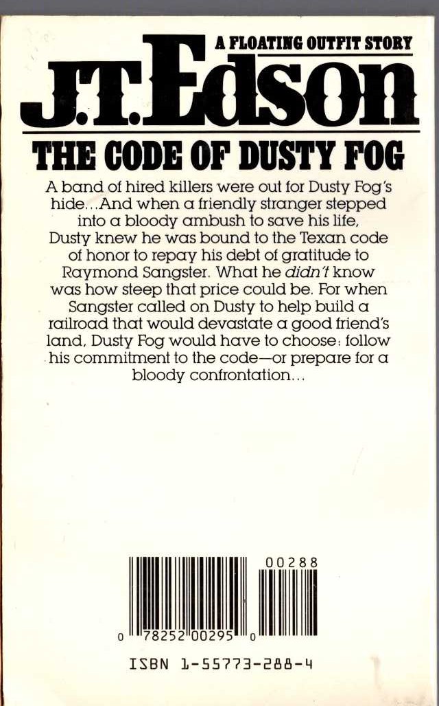 J.T. Edson  THE CODE OF DUSTY FOG magnified rear book cover image
