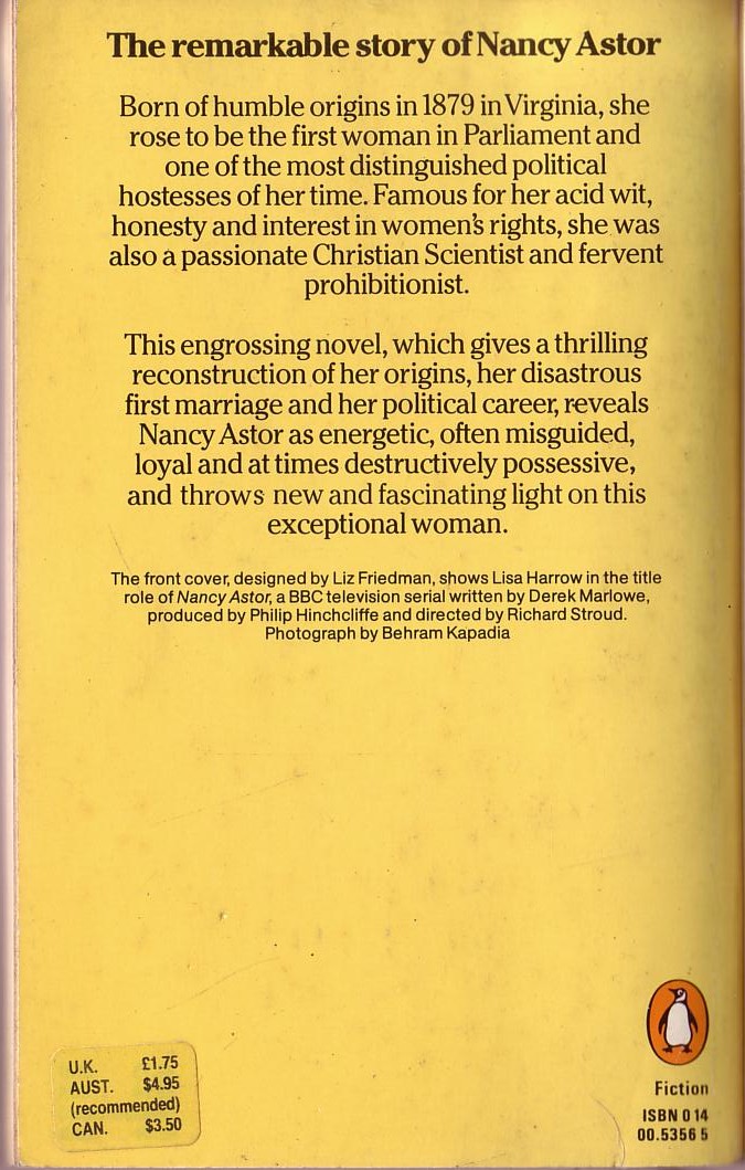Derek Marlowe  NANCY ASTOR (BBC TV) magnified rear book cover image