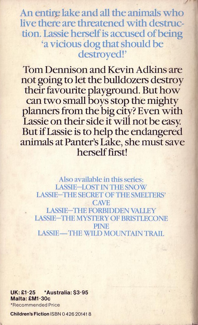 Steve Frazee  LASSIE. Trouble at Panter's Lake magnified rear book cover image