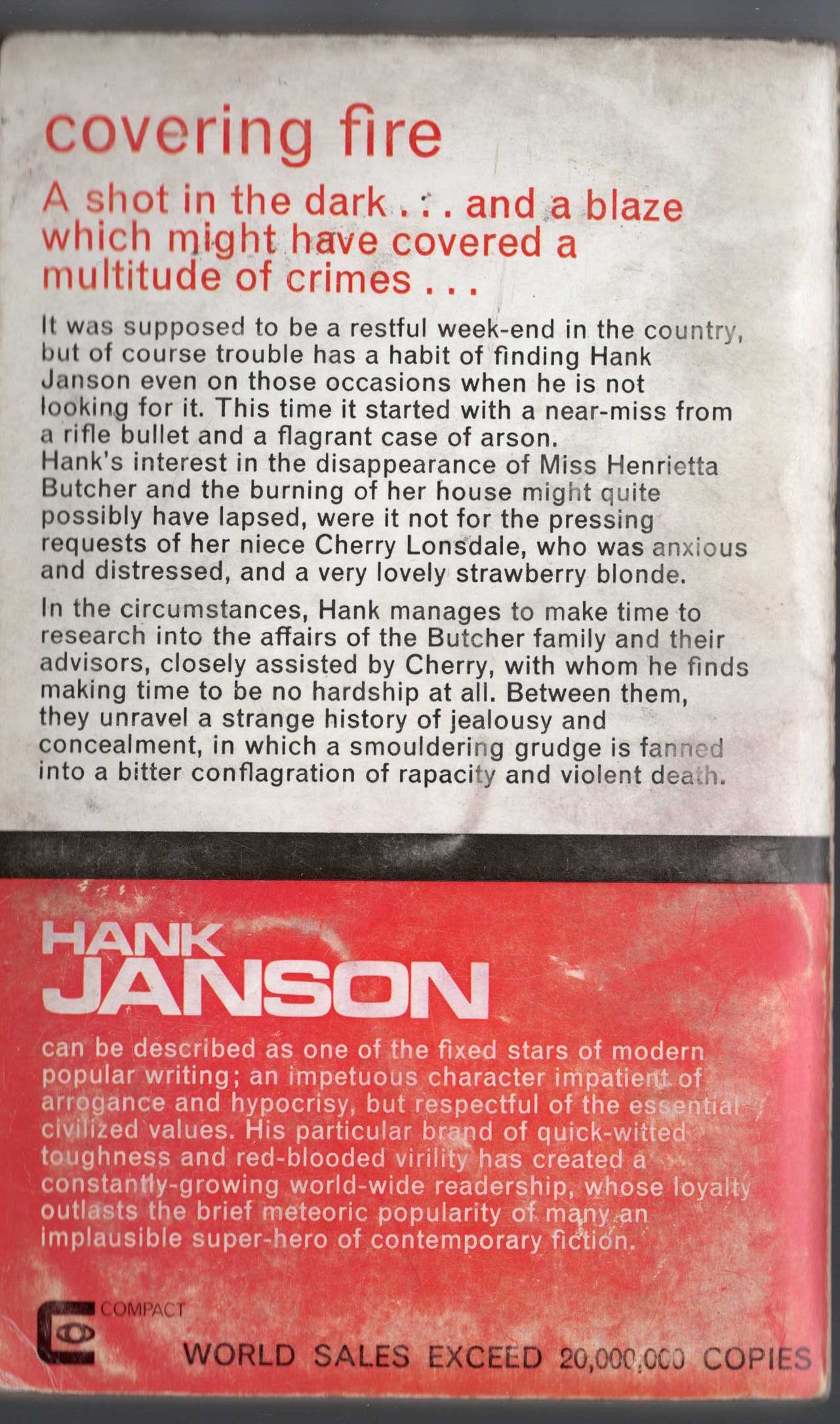 Hank Janson  COVERNIG FIRE magnified rear book cover image