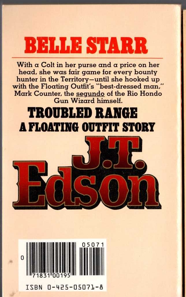 J.T. Edson  TROUBLED RANGE magnified rear book cover image