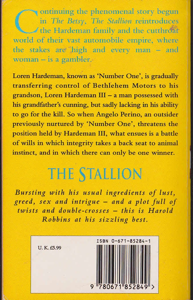 Harold Robbins  THE STALLION magnified rear book cover image