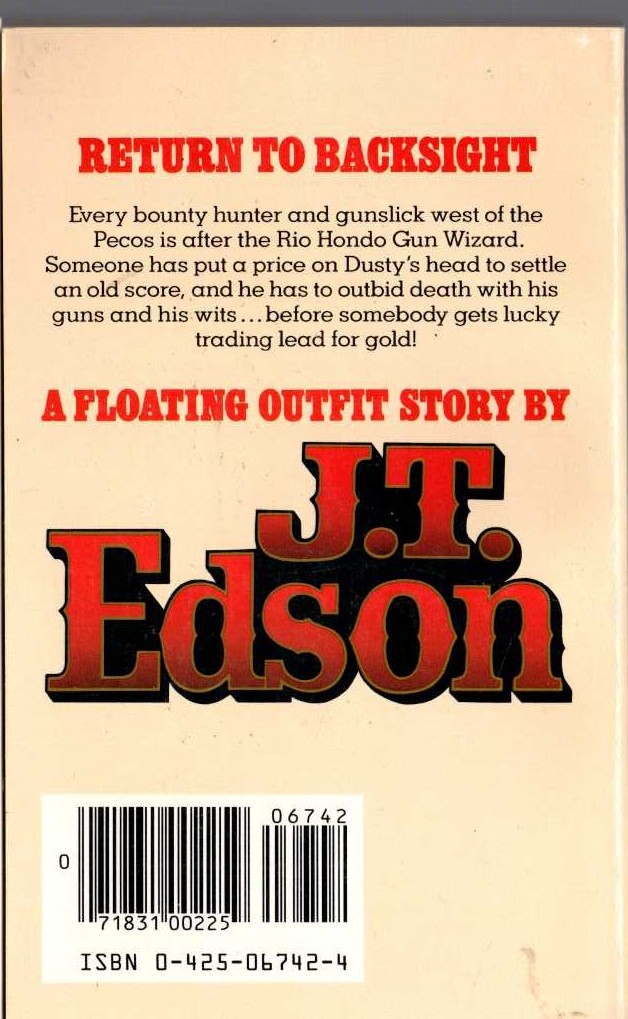 J.T. Edson  RETURN TO BACKSIGHT magnified rear book cover image