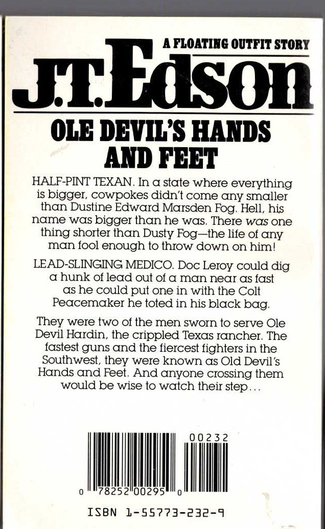 J.T. Edson  OLE DEVIL'S HANDS AND FEET magnified rear book cover image