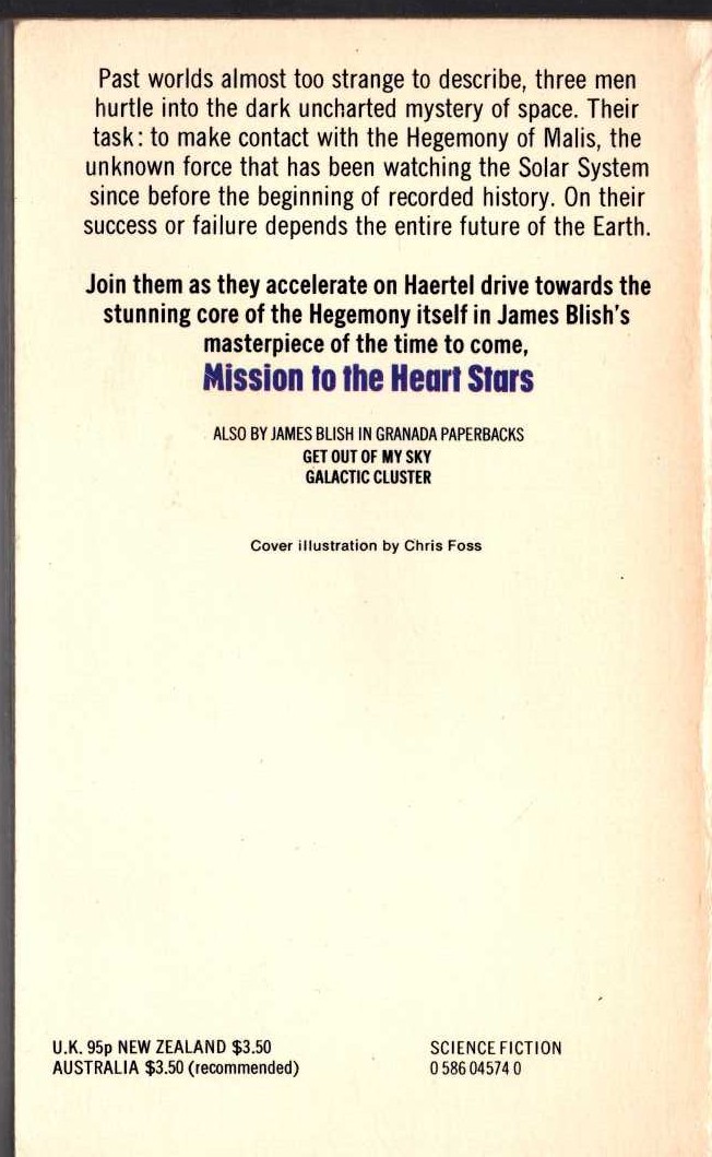 James Blish  MISSION TO THE HEART STARS magnified rear book cover image