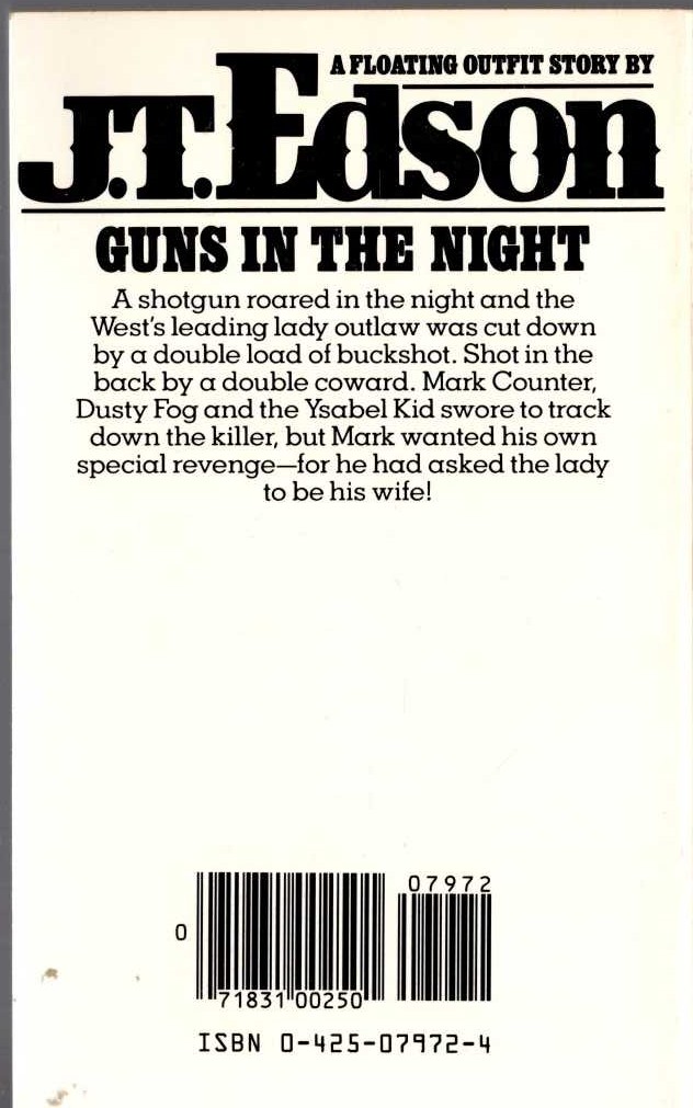 J.T. Edson  GUNS IN THE NIGHT magnified rear book cover image