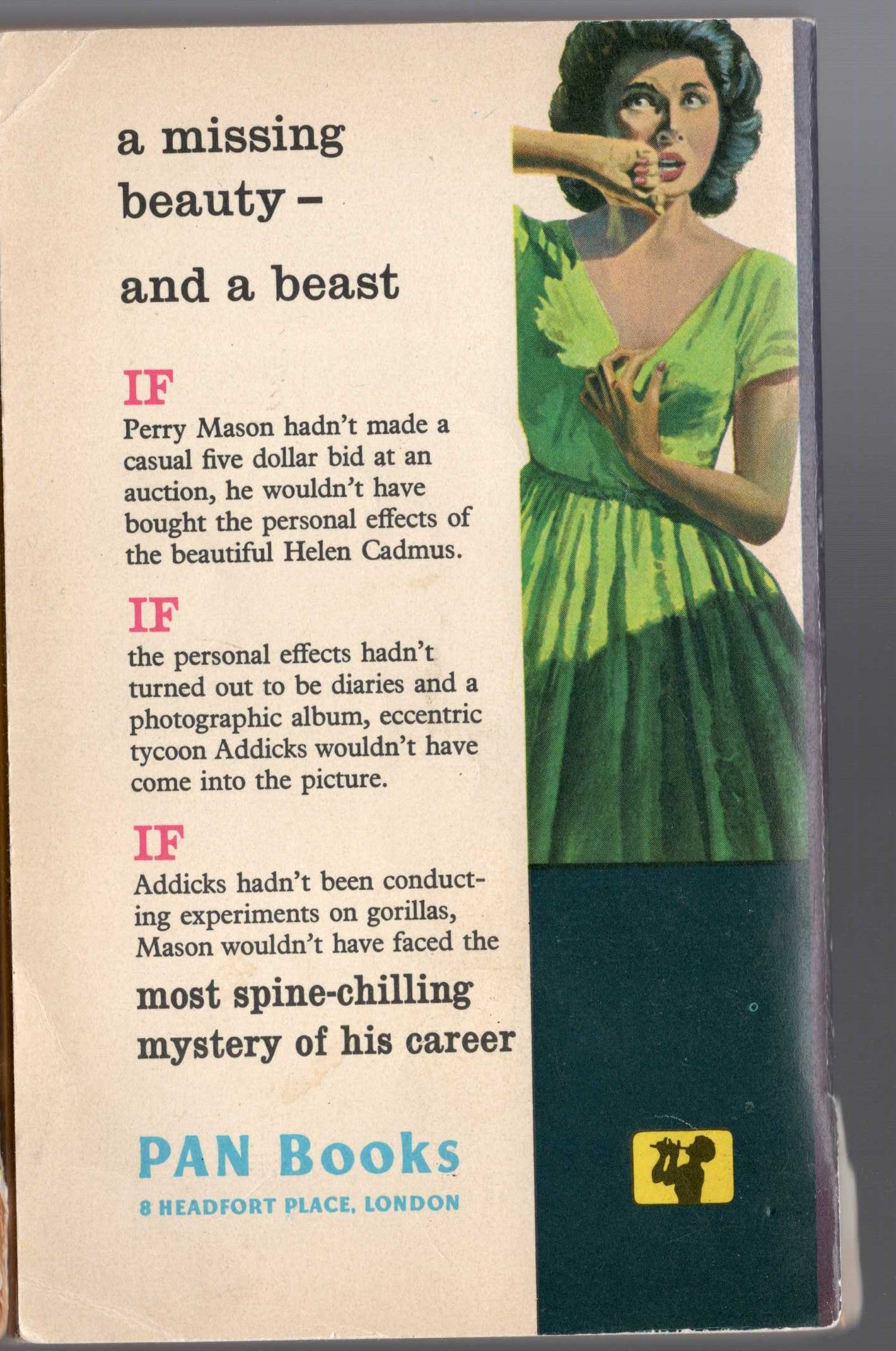 Erle Stanley Gardner  THE CASE OF THE GRINNING GORILLA magnified rear book cover image