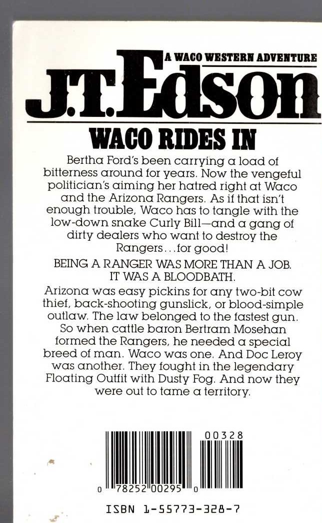 J.T. Edson  WACO RIDES IN magnified rear book cover image