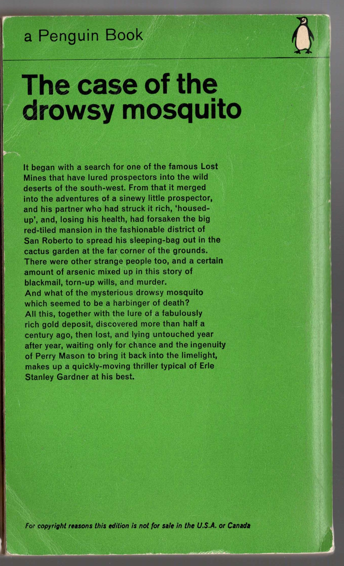 Erle Stanley Gardner  THE CASE OF THE DROWSY MOSQUITO magnified rear book cover image