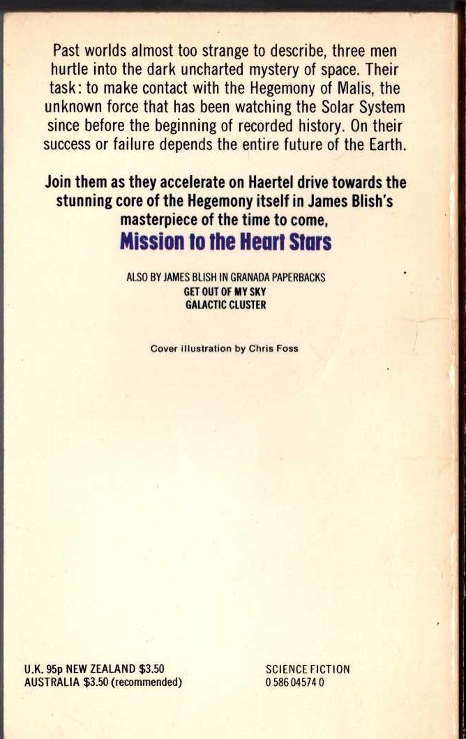 James Blish  MISSION TO THE HEART STARS magnified rear book cover image