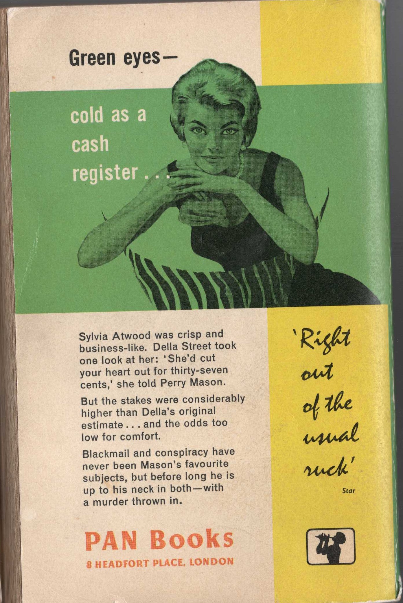 Erle Stanley Gardner  THE CASE OF THE GREEN-EYED SISTER magnified rear book cover image
