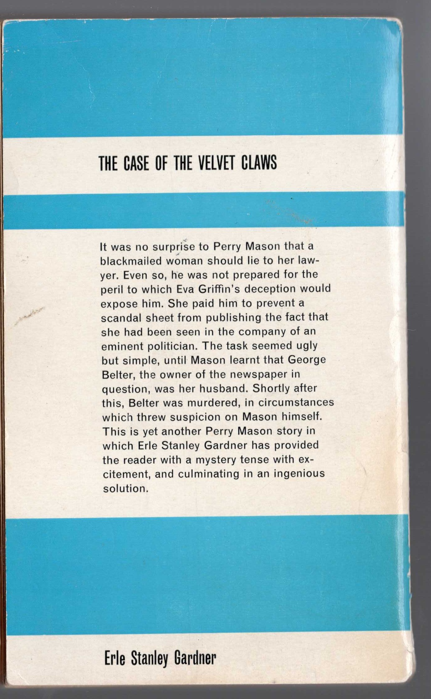 Erle Stanley Gardner  THE CASE OF THE VELVET CLAWS magnified rear book cover image