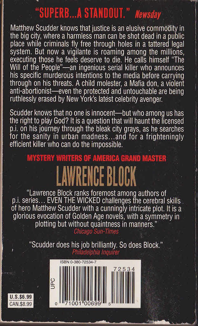 Lawrence Block  EVEN THE WICKED magnified rear book cover image