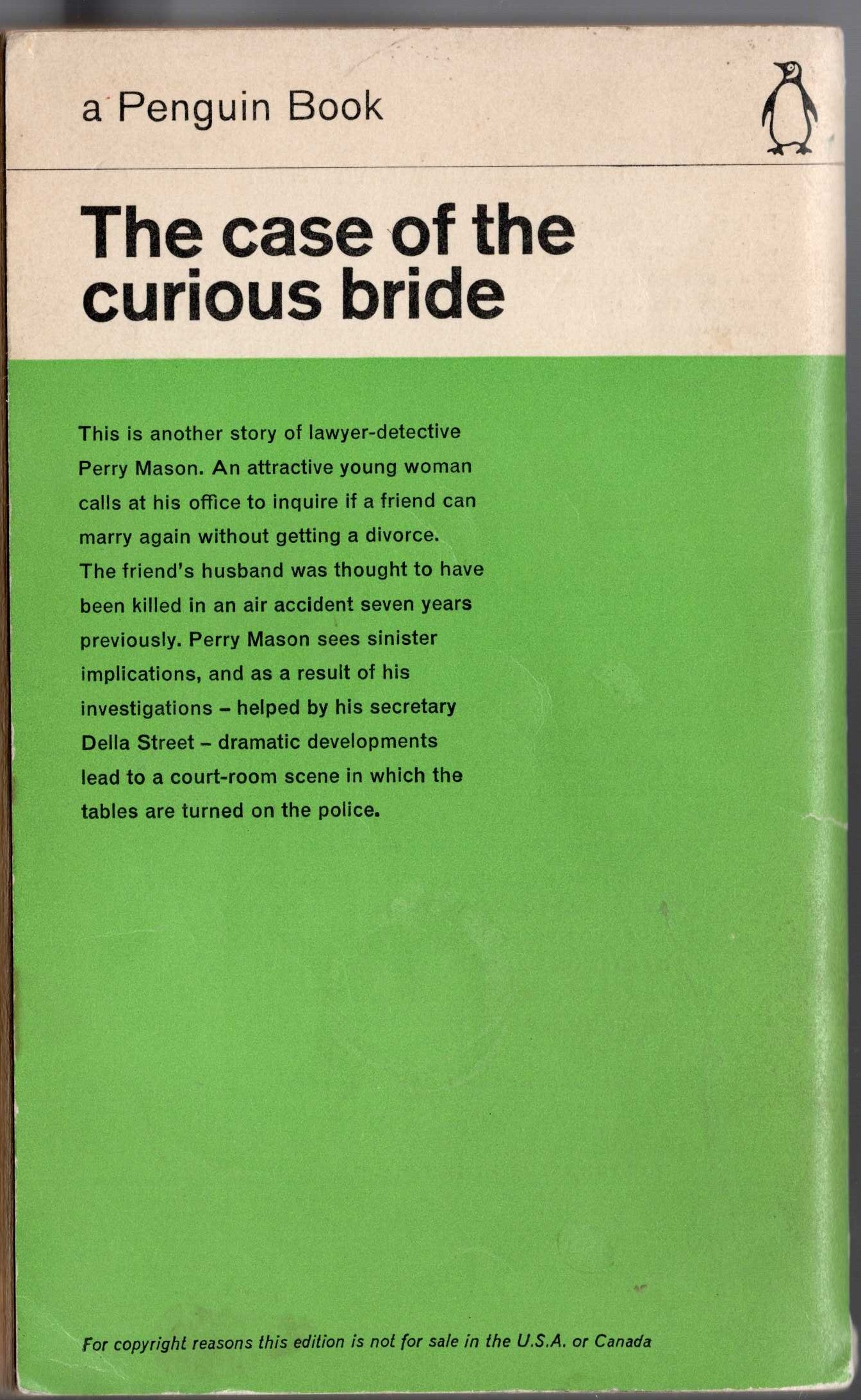 Erle Stanley Gardner  THE CASE OF THE CURIOUS BRIDE magnified rear book cover image