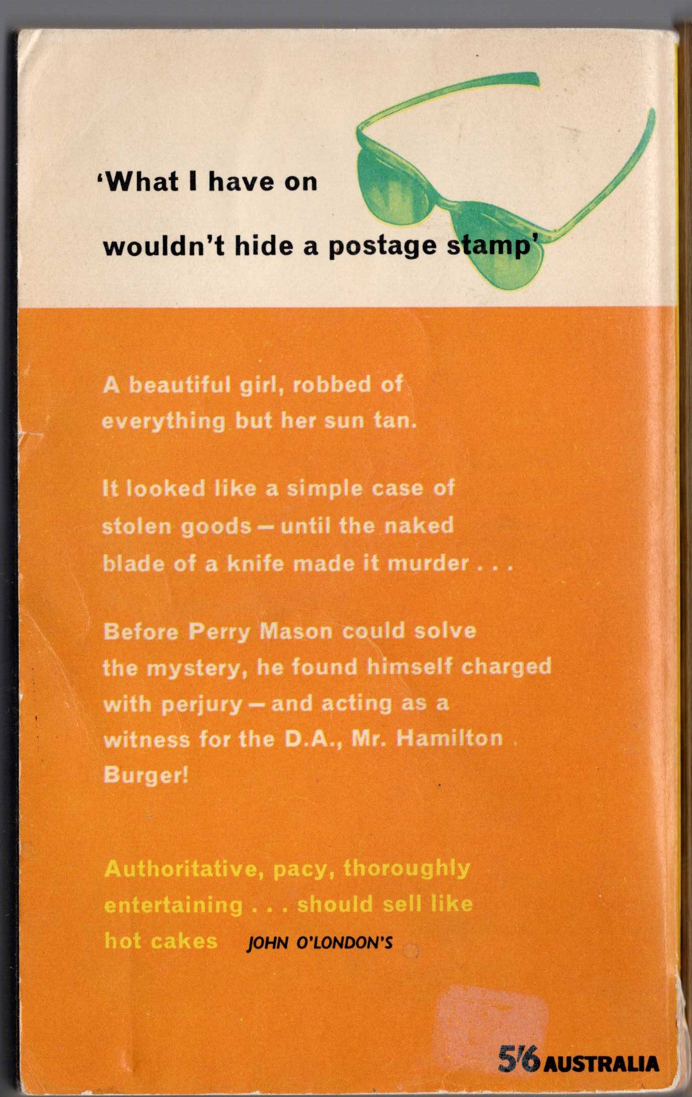 Erle Stanley Gardner  THE CASE OF THE SUNBATHER'S DIARY magnified rear book cover image