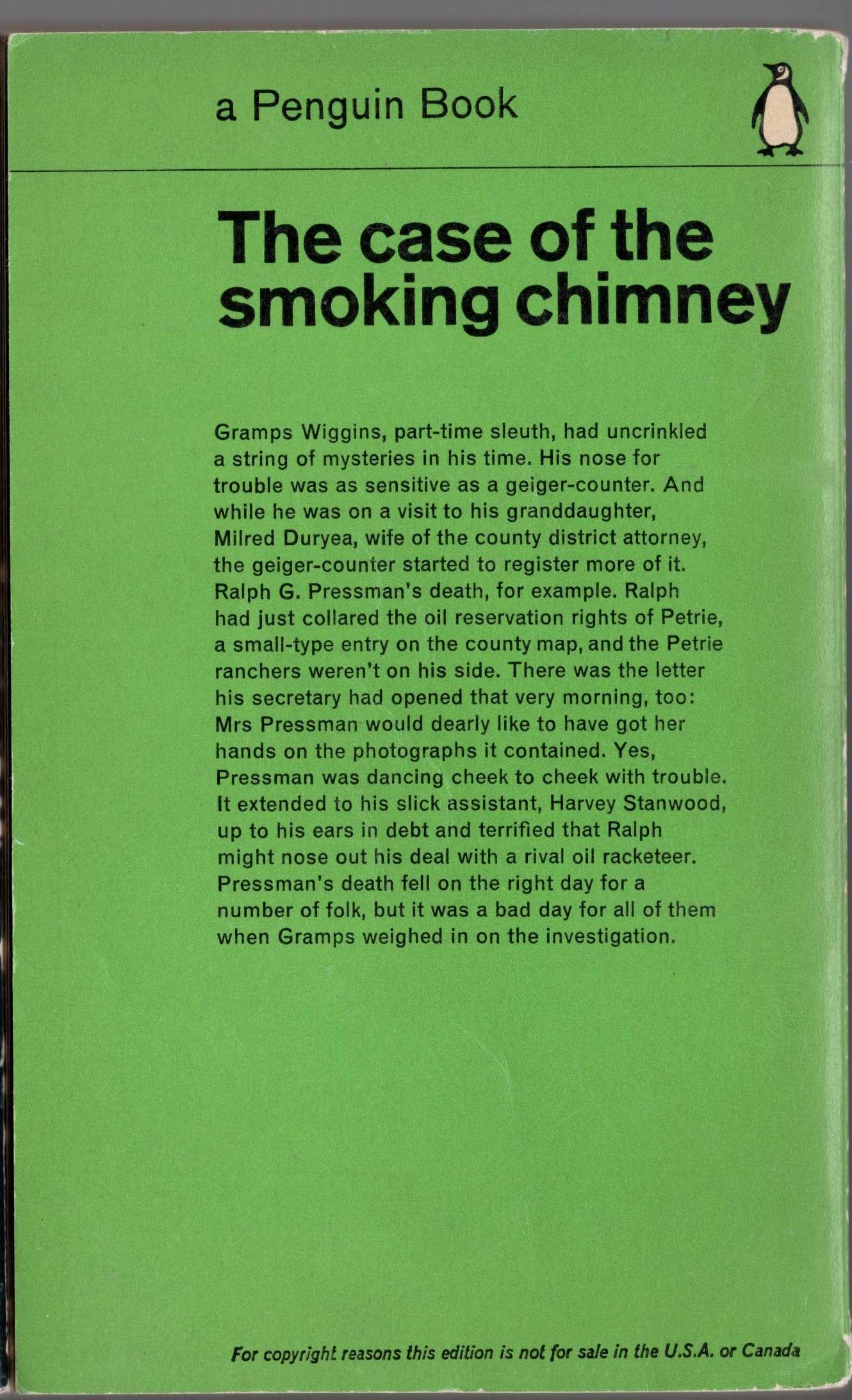 Erle Stanley Gardner  THE CASE OF THE SMOKING CHIMNEY magnified rear book cover image