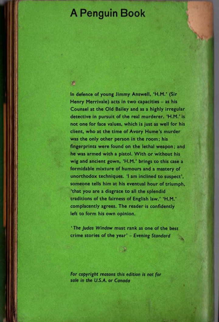 Carter Dickson  THE JUDAS WINDOW magnified rear book cover image