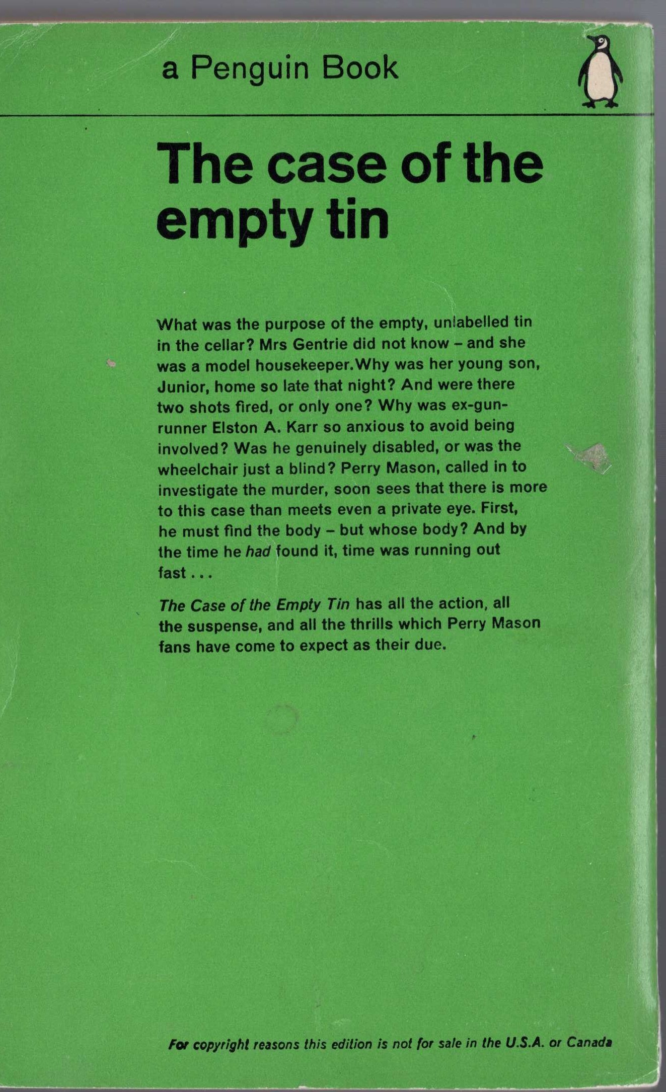 Erle Stanley Gardner  THE CASE OF THE EMPTY TIN magnified rear book cover image