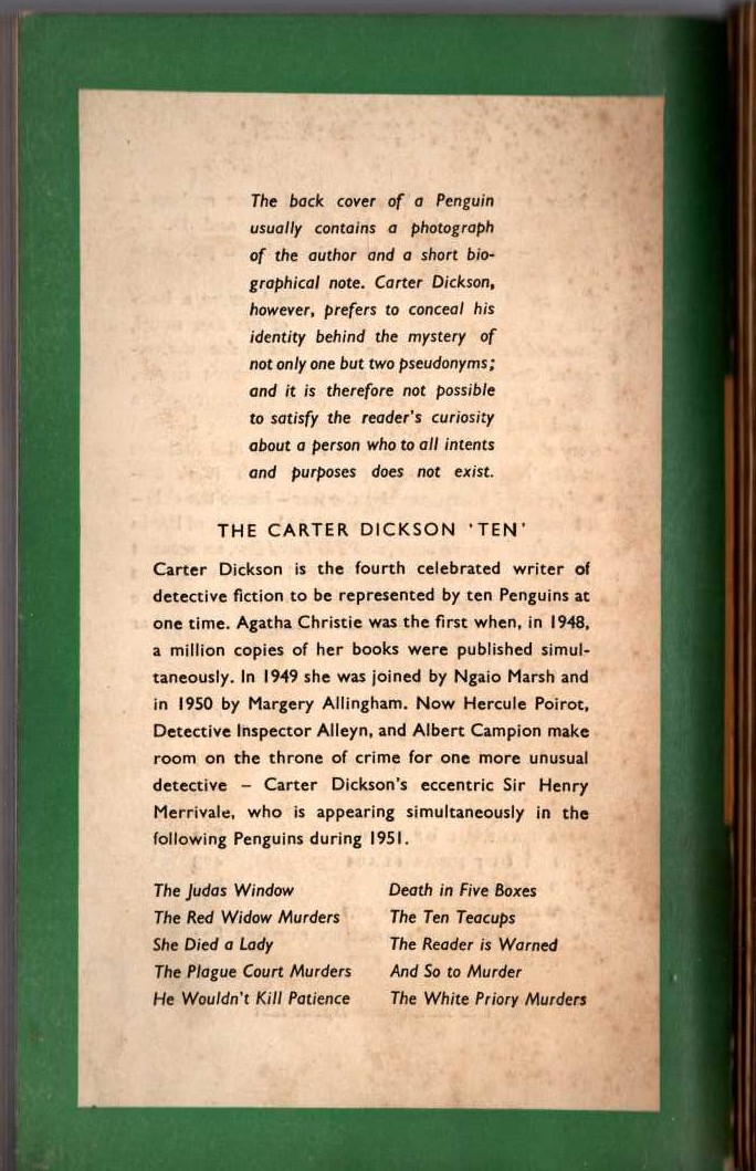 Carter Dickson  THE READER IS WARNED magnified rear book cover image