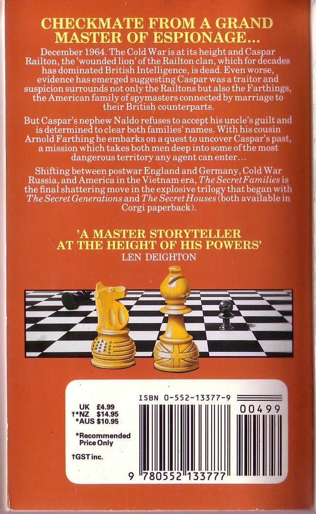 John Gardner  THE SECRET FAMILIES magnified rear book cover image