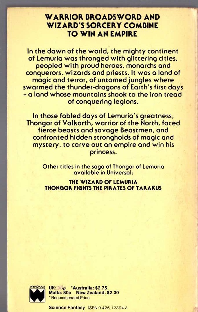 Lin Carter  THONGOR OF LEMURIA magnified rear book cover image