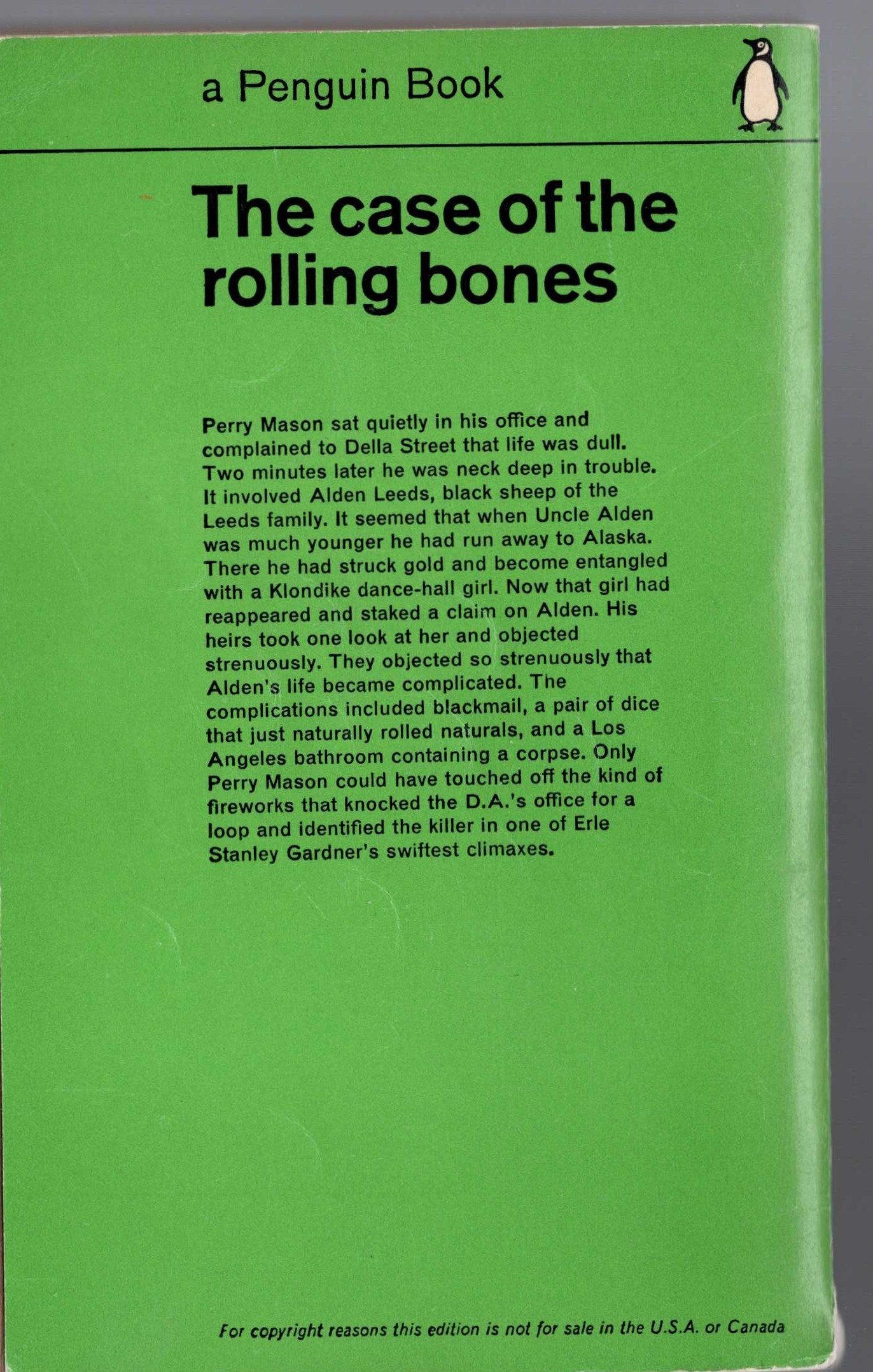 Erle Stanley Gardner  THE CASE OF THE ROLLING BONES magnified rear book cover image