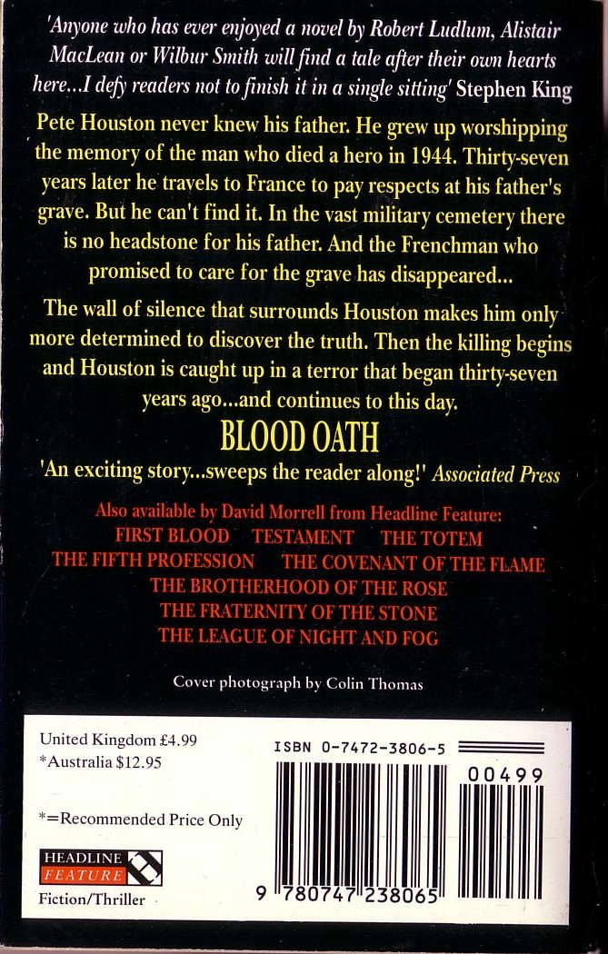 David Morrell  BLOOD OATH magnified rear book cover image