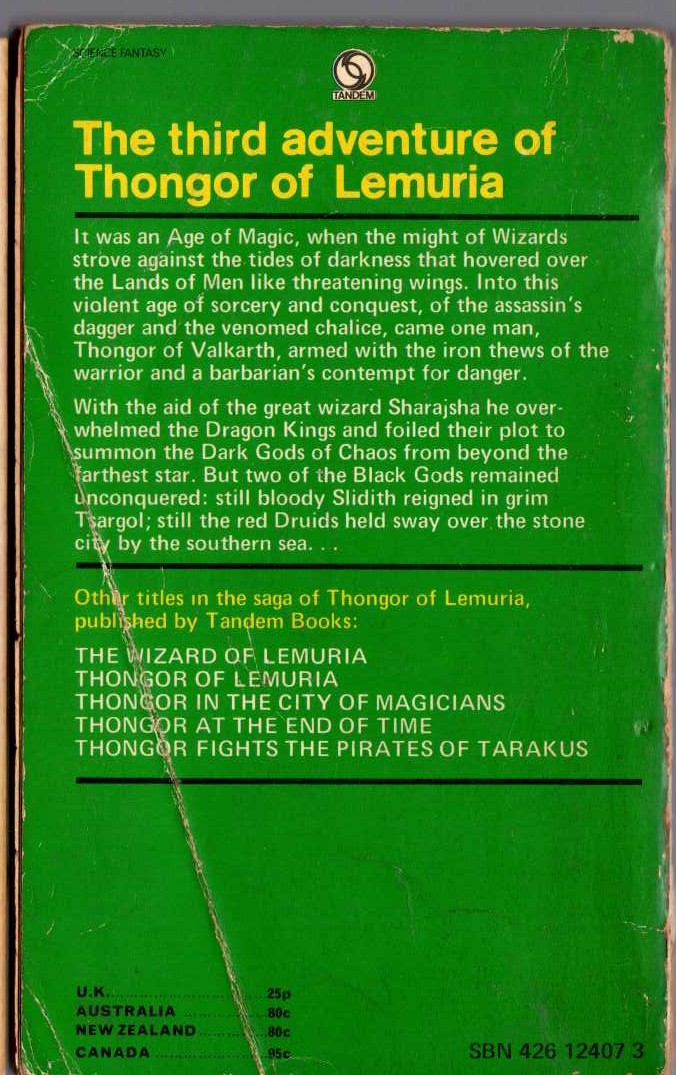 Lin Carter  THONGOR AGAINST THE GODS magnified rear book cover image