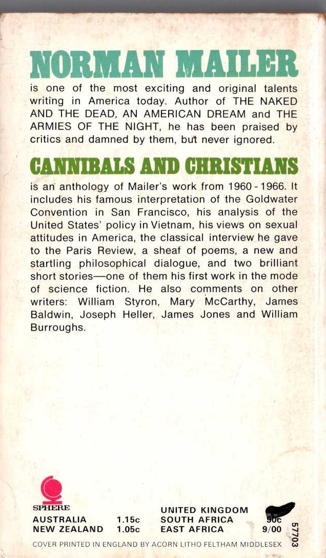 Norman Mailer  CANNIBALS AND CHRISTIANS (non-fiction) magnified rear book cover image