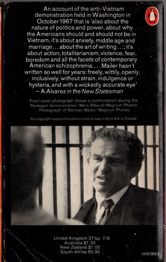 Norman Mailer  THE ARMIES OF THE NIGHT (non-fiction) magnified rear book cover image