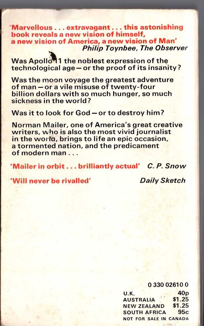 Norman Mailer  A FIRE ON THE MOON (non-fiction) magnified rear book cover image