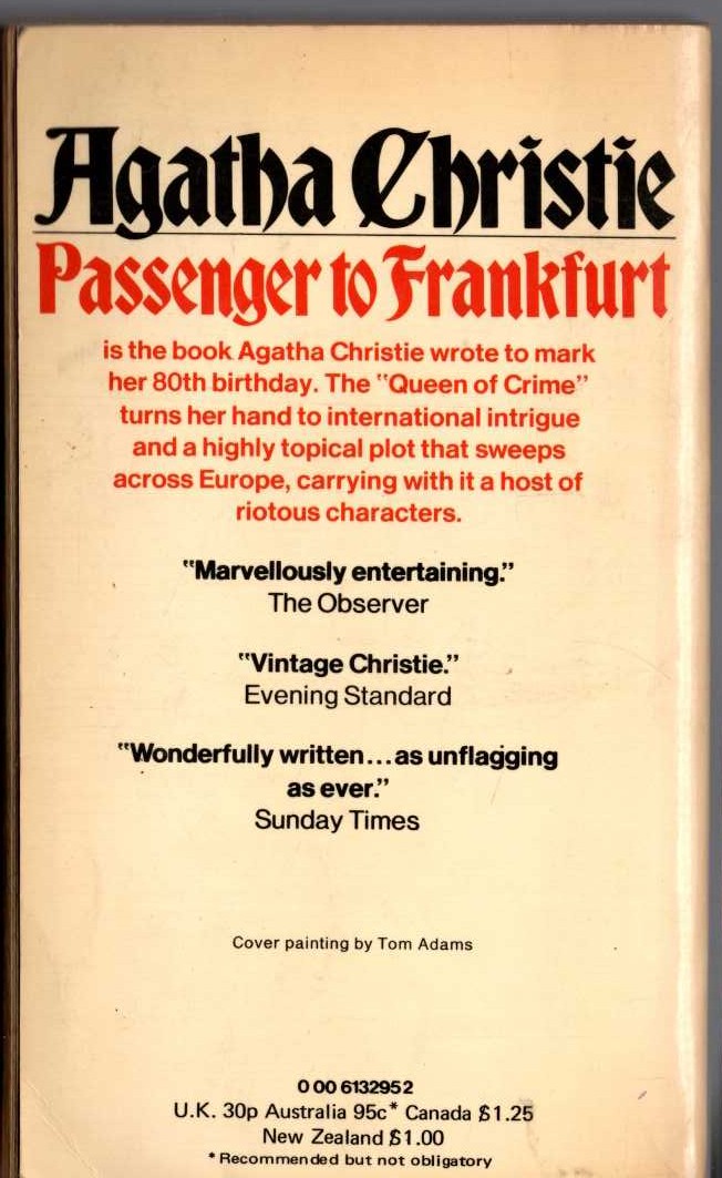Agatha Christie  PASSENGER TO FRANKFURT magnified rear book cover image