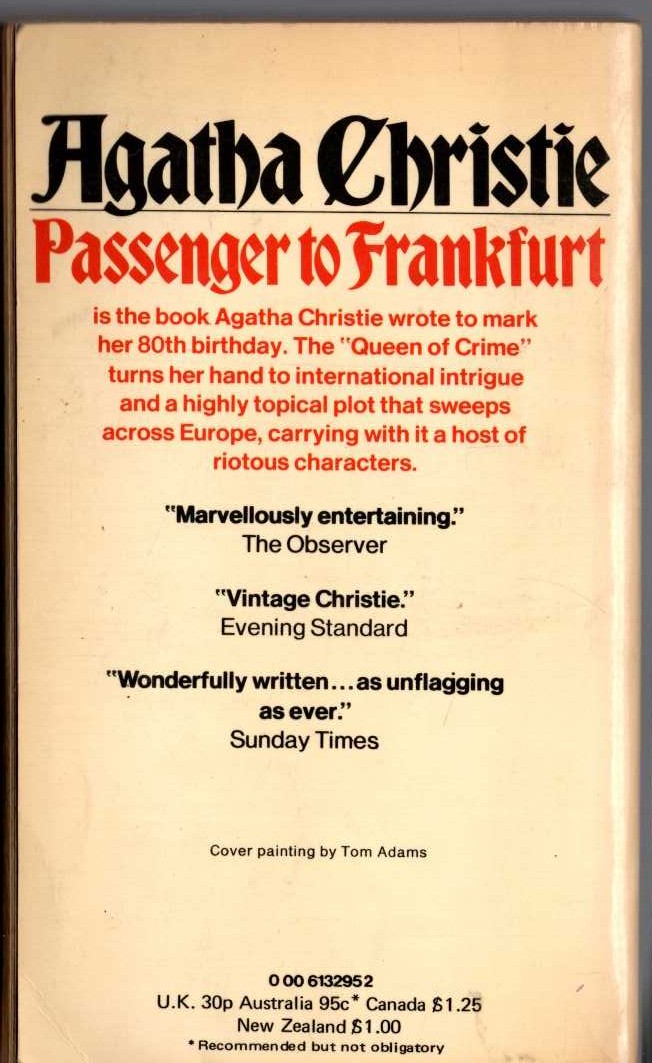 Agatha Christie  PASSENGER TO FRANKFURT magnified rear book cover image